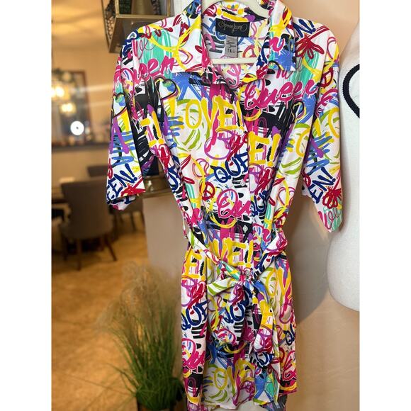 Spoon Jean graffiti print shirt dress tie waist Size LG 8-12 - Picture 2 of 4
